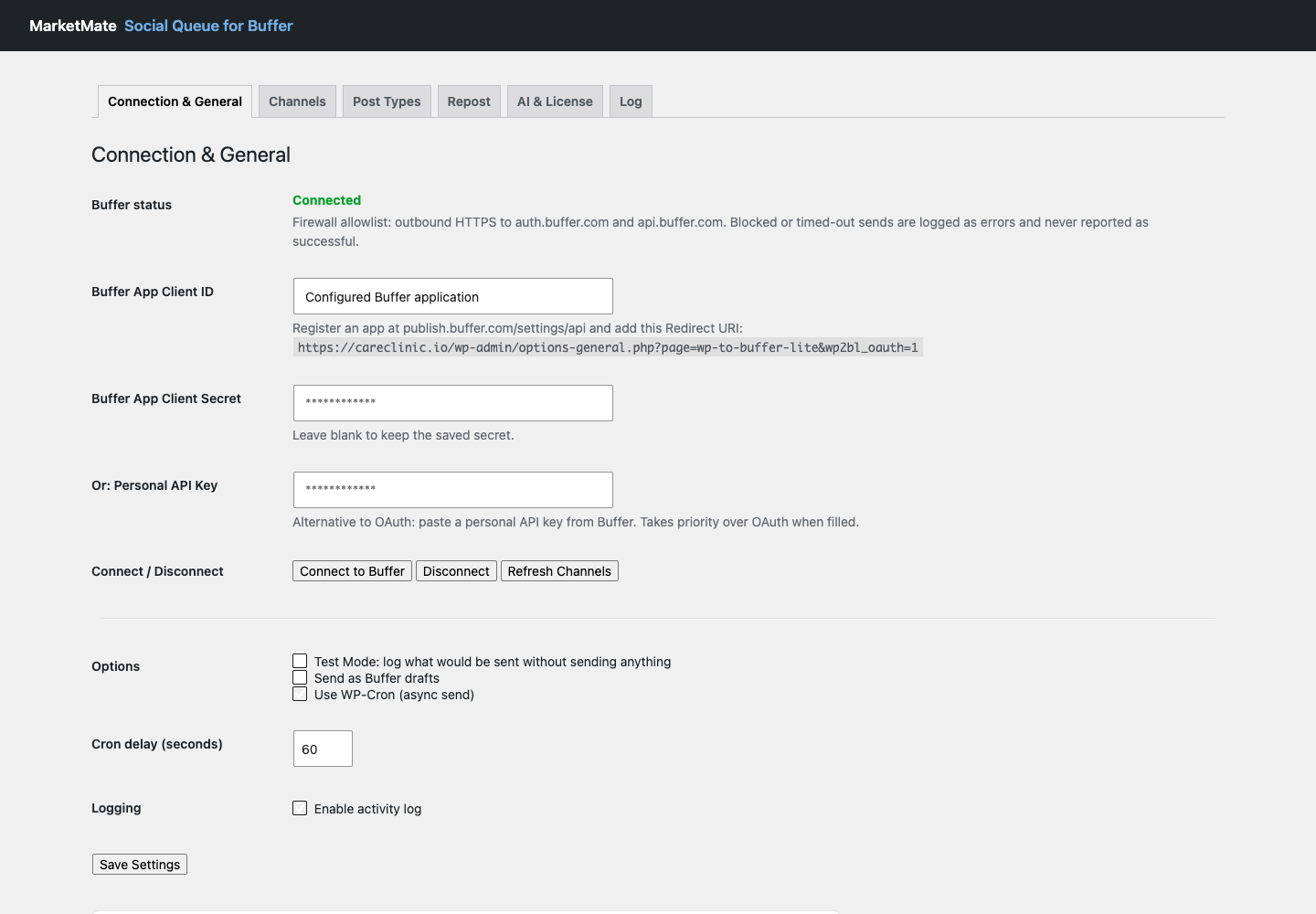 Social Queue for Buffer connection settings showing a connected Buffer account and firewall guidance