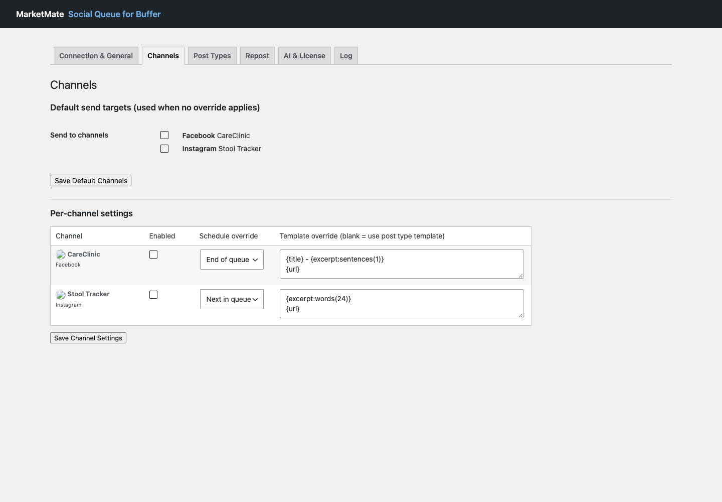 Per-channel settings in Social Queue for Buffer
