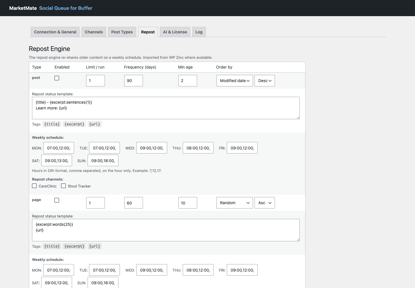 Repost engine schedules and templates for older WordPress content