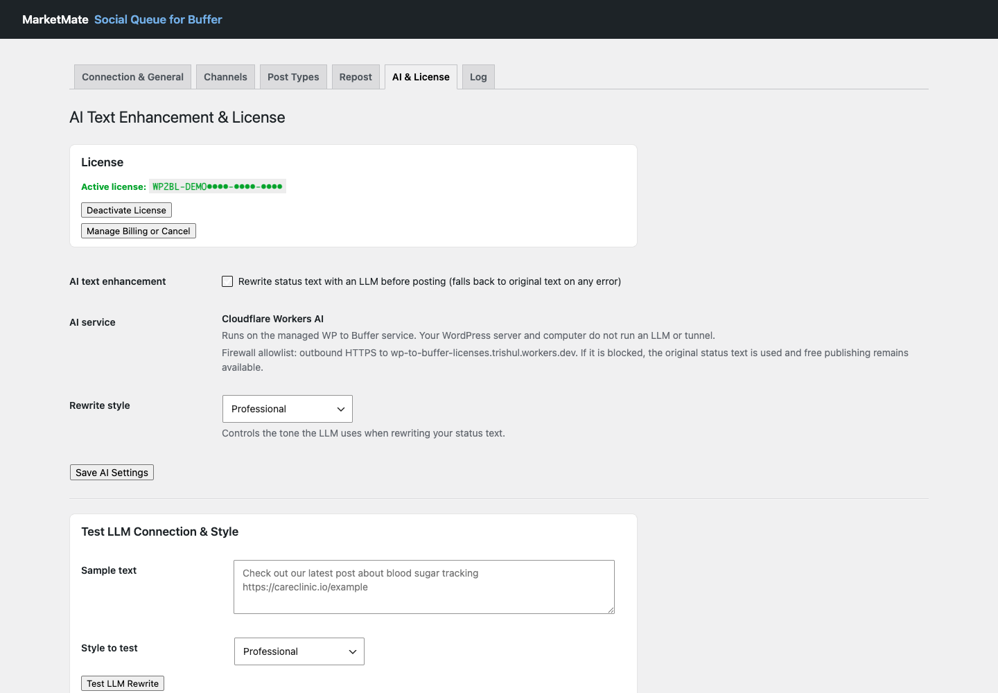 Premium AI license, rewrite style, and connection test settings