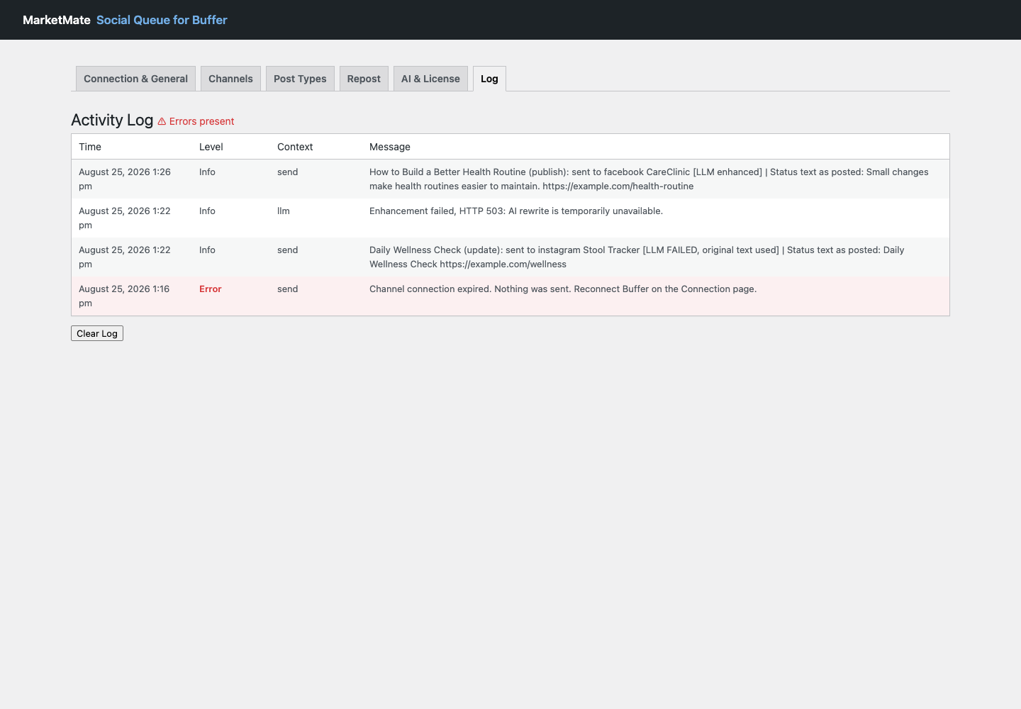 Activity log distinguishing successful sends, AI fallback, and failed channel sends